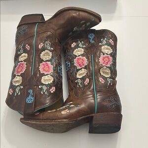 Macie Bean Kids Brown Floral Embroidered Western Cowgirl Boots